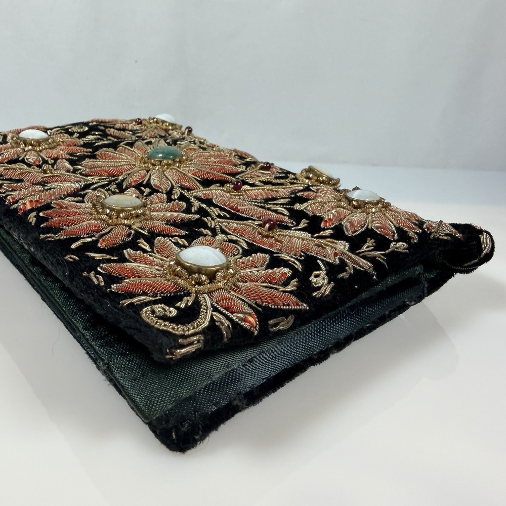 Vintage Evening Handbag Floral Embroidered & Gemstones Clutch Purse FLAW - Picture 11 of 16